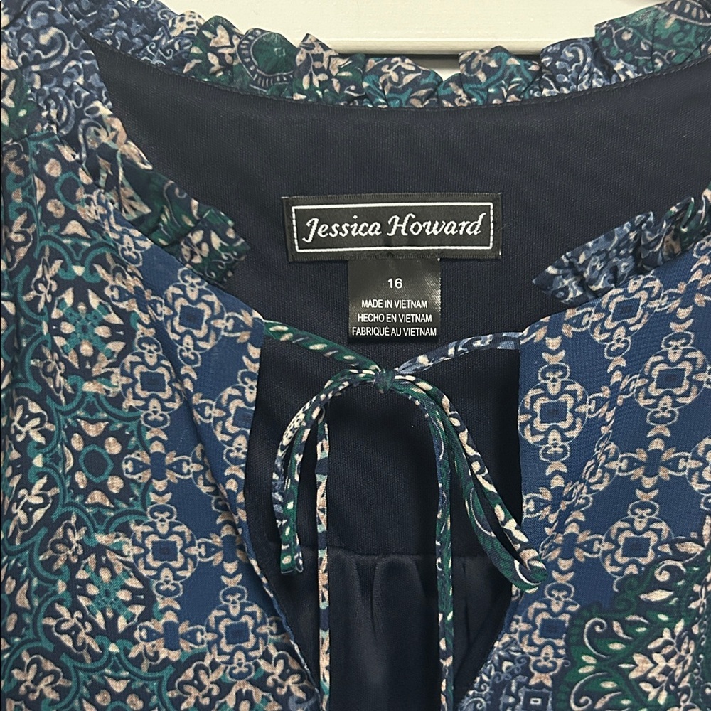 Jessica Howard Patchwork Look Flowy Dress with Sheer Sleeves in Navy and Teal - Picture 2 of 7